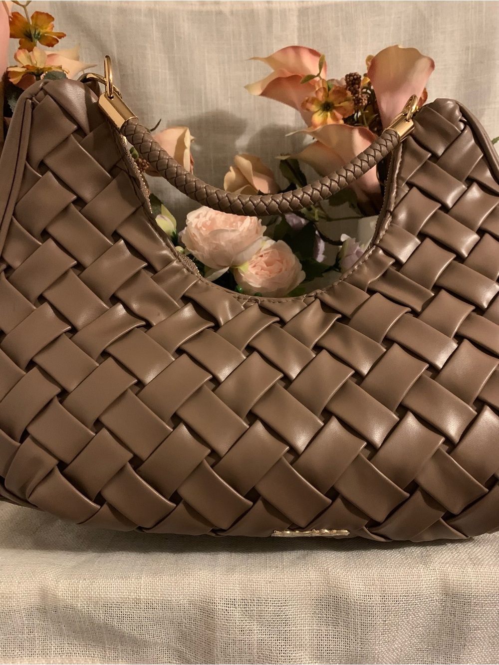 bebe Taupe Woven Hobo Shoulder Bag
